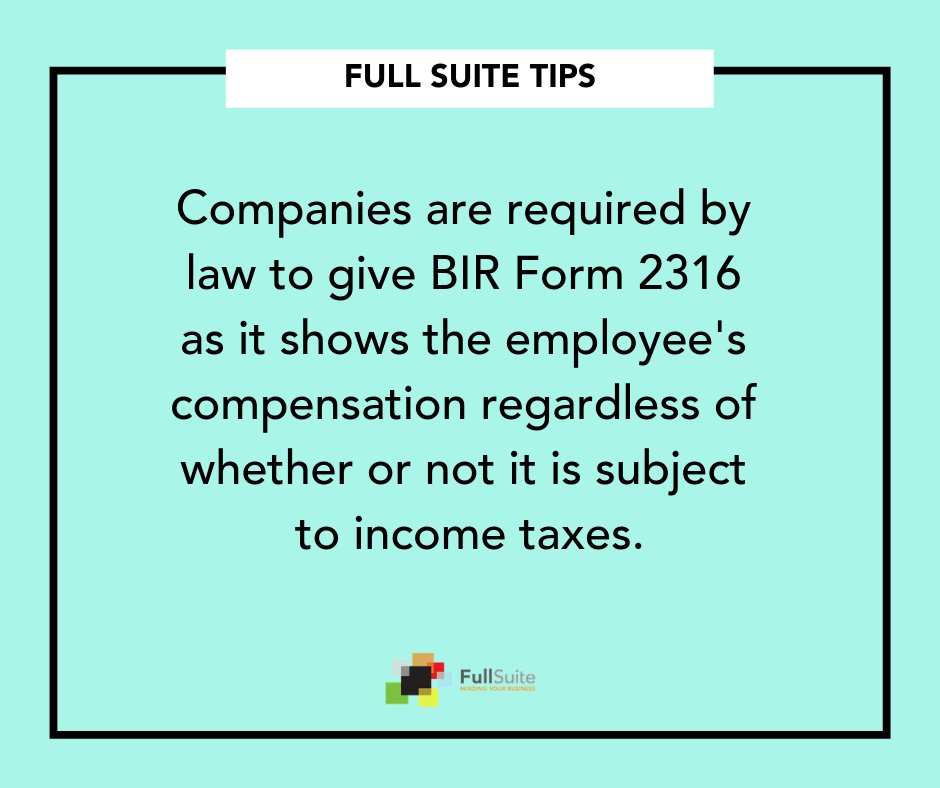 fullsuite's tweet photo. We've been receiving a lot of inquiries about whether or not they should be receiving BIR Form 2316 if they fall under the non taxable income bracket.
Read more about it here: https://t.co/YfxgA8LtBL

#FullSuite #MindingYourBusiness #BIRTips https://t.co/WSCCevn16F