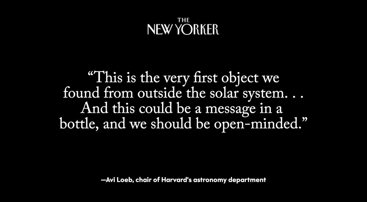 NewYorker's tweet photo. A Harvard astronomer believes that the peculiar nature of the interstellar object called ‘Oumuamua raises questions about its possible origins: https://t.co/x74B6RQxMp https://t.co/8S2y1h7vRl