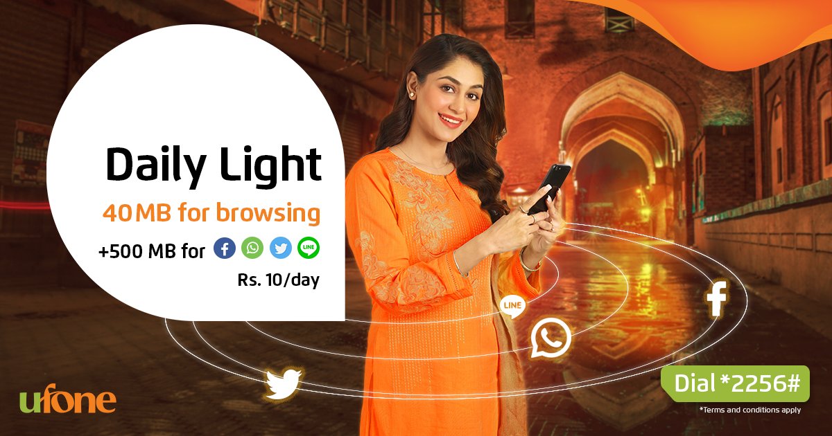 Ufone's tweet photo. With Daily light, enjoy 500 MBs usage on Facebook, Twitter, WhatsApp and Line with an additional 40 MBs for browsing in Rs 10. Dial *2256# or visit https://t.co/nQ5Mcv1NAz to subscribe.
#Ufone #DailyLight #InternetPackages #TumHiTouHo #DailyOffer #DailyInternet #UfoneInternet https://t.co/RaziaIx2oH