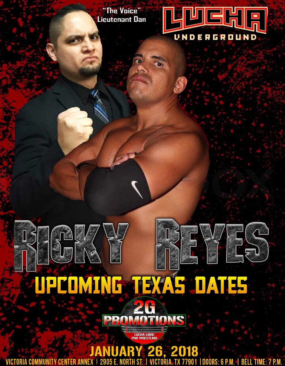 LTDanTheVoice's tweet photo. This Saturday at 2G Promotions in #VictoriaTX Lucha Underground’s @RickyReyes01 reunites with his Manager @LTDanTheVoice to continue their mission of #LuchaStrongStyle as he defends his 2G Heavyweight Championship against Gino Tlht!
#TexasTakeOver #MainEvent #prowrestling https://t.co/Ko7qCt5eAr