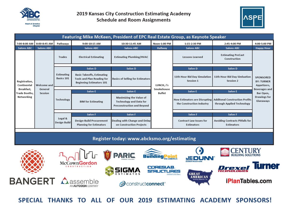 Eric_SorianoKC's tweet photo. Thanks to our General Contractor Sponsors for Sponsoring the 2019 KC Estimating Academy Feb 8, 2019 at the beautiful Olathe Confernence Center Learn More: https://t.co/uaDrAMbLav @ASPEKCEstimator .@jedunn @TurnerCo_KC .@McCownGordon @ParicCorp https://t.co/f1mzYGWNjv