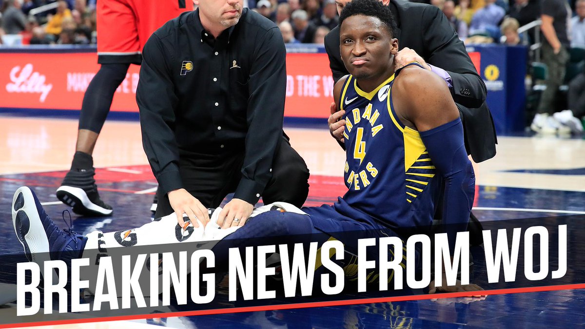 SportsCenter's tweet photo. Breaking: Preliminary exam has left Pacers with fear that Victor Oladipo has suffered a season-ending knee injury that will require surgery, league sources tell @wojespn. He will undergo an MRI on Thursday. https://t.co/tgz5CQnRcG