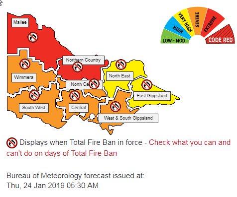 #TotalFireBan for tomorrow, 25th January 2019, for the whole state of Victoria. See: cfa.vic.gov.au/warnings-restr… 
#VicFires