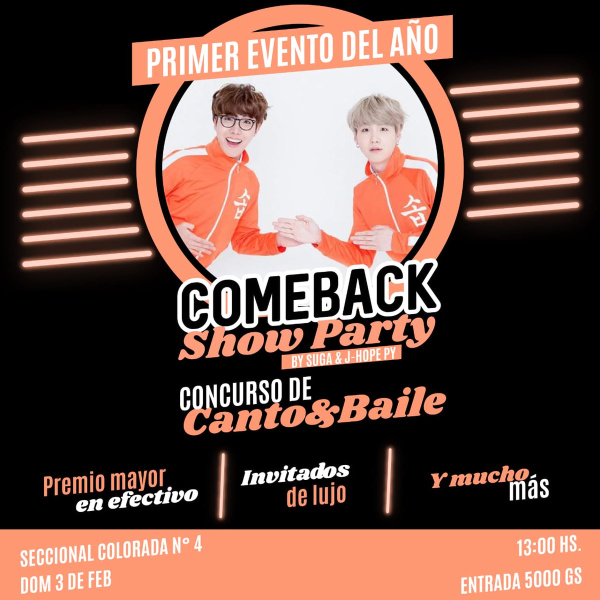 JHope_Paraguay's tweet photo. ✨IM-PER-DI-BLE✨

🎉COMEBACK SHOW PARTY🎉
Estamos de vuelta y nos unimos con @SugaPyOficial para darte la mejor bienvenida a este año lleno de eventos y sorpresas!

No solo queremos disfrutar de tu talento, también QUEREMOS PREMIARLO🎉 

Bases y condiciones,en los próximos días! https://t.co/Wk26oKHTM0