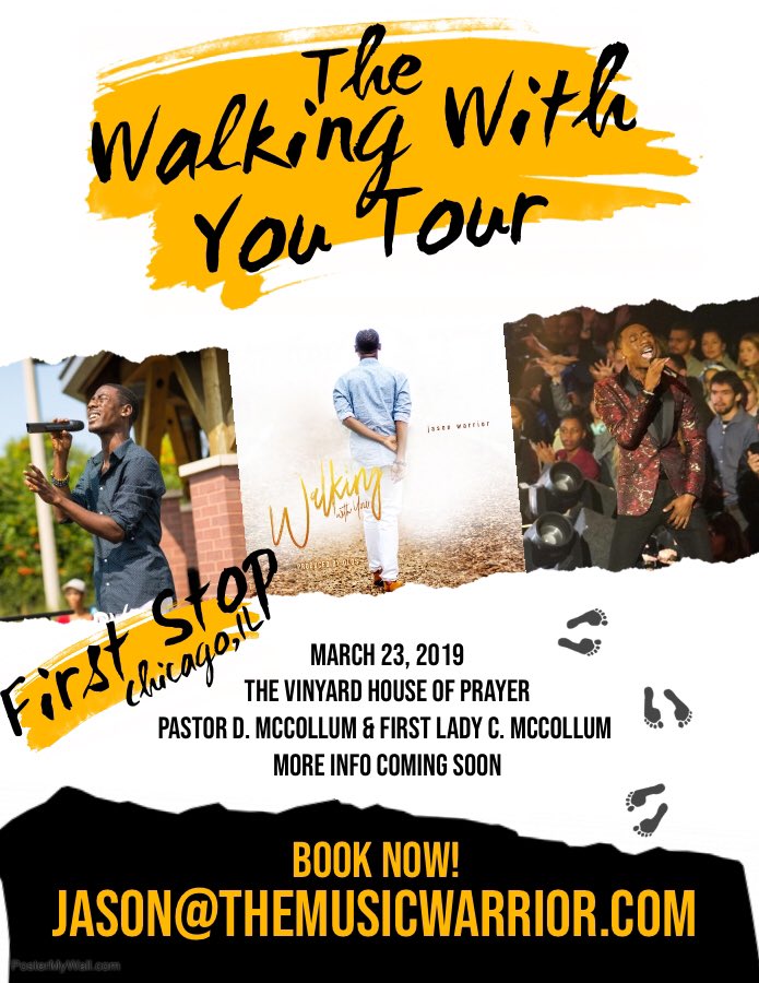 IamJasonWarrior's tweet photo. The First Stop has been Announced!
Join us March 23, 2019 as we Walk on into The Vinyard House of Prayer!
More information will be announced soon!
#WalkingWithYouTour
#TeamJasonWarrior
#PvoWorld
#YourFreedomMatters
#Chicago https://t.co/CFJc8ZdRur