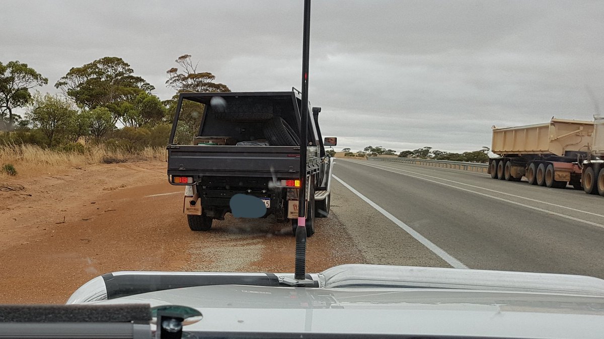 RoadPolicingWA's tweet photo. Overtaking road trains on double solid lines. $150 and 3 demerits. #TEG3 #REU https://t.co/e597QA8Esz