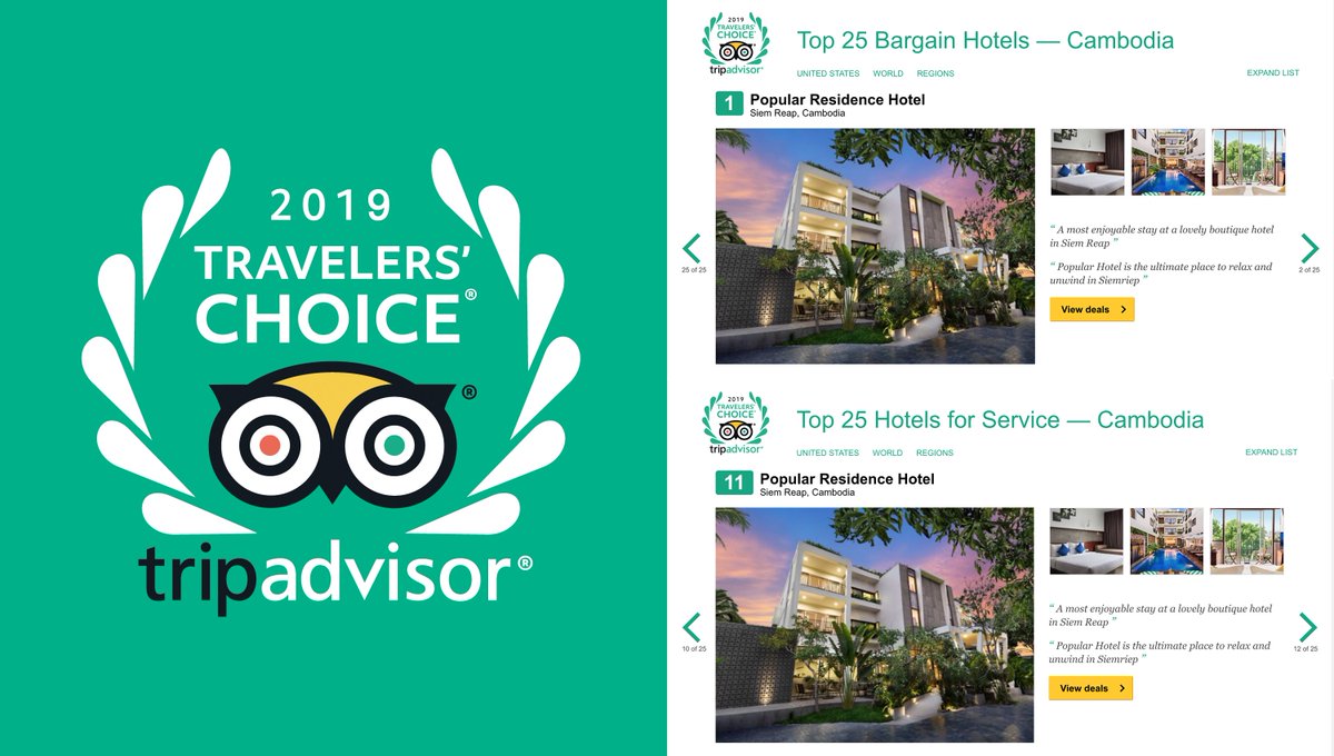 Popular_residen's tweet photo. Popular Residence Hotel has been recognized as Traveller’s Choice Hotel in Siem Reap, Cambodia for 3 consecutive years (2017,2018,2019), #1 bargain hotel in Cambodia and the Top 11 best service hotel in Cambodia by TripAdvisor.
#popularresidence #TravelersChoice #hotel #siemreap https://t.co/ooHd6V33Mr