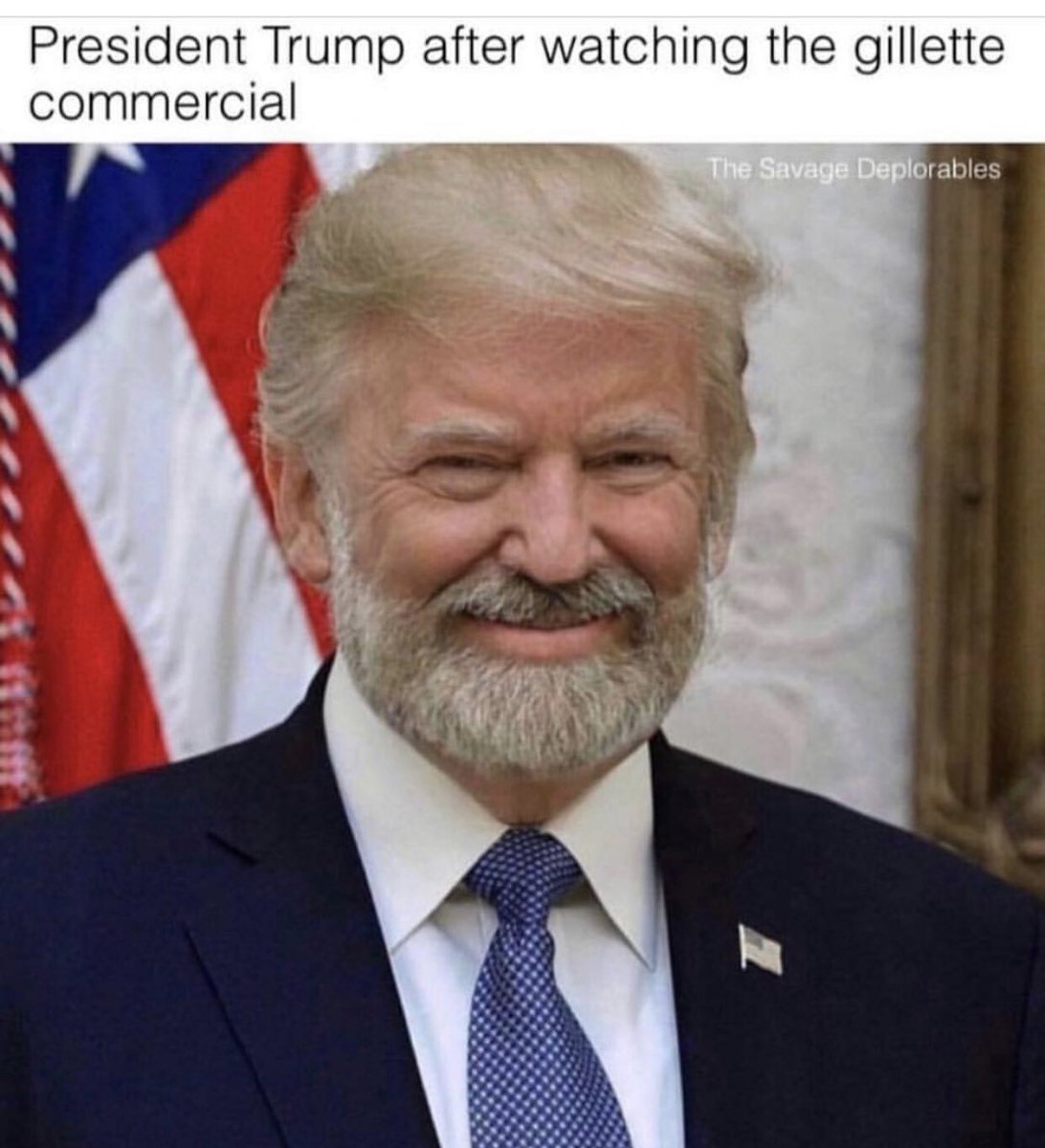 HerbWetzel's tweet photo. @realDonaldTrump after watching the Gillette commercial
#MakeBeardsGreatAgain https://t.co/eiKtuA0byv
