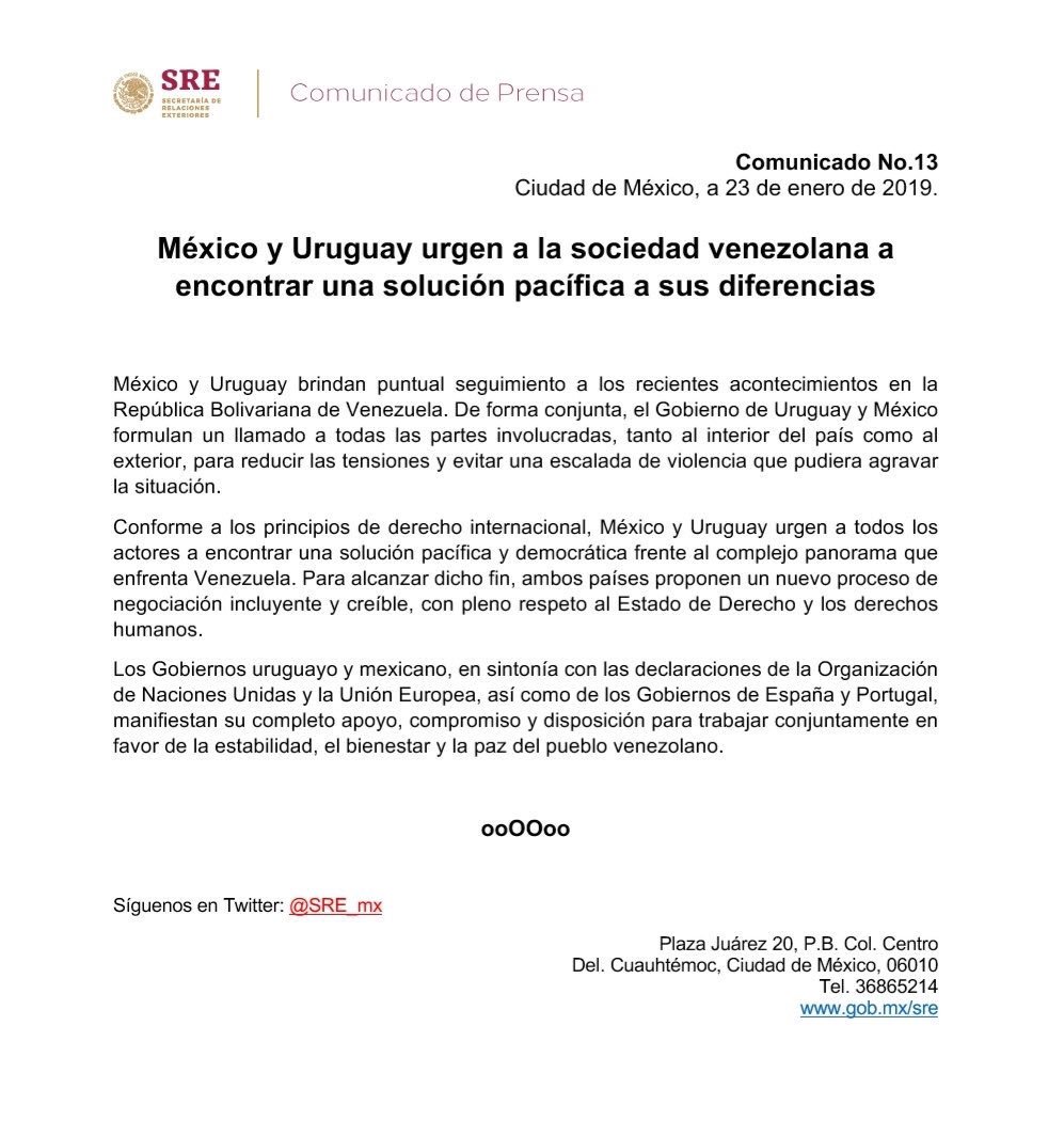 oliviazeron's tweet photo. La postura del gobierno de México ante la situación de Venezuela no es un cierre de filas con Maduro. No es blanco o negro. Lo que plantea, junto con Uruguay, es apostar por una salida política en sintonía con lo que dicen la ONU, Unión Europea, España y Portugal. Interesante. https://t.co/rlOPMxee8D