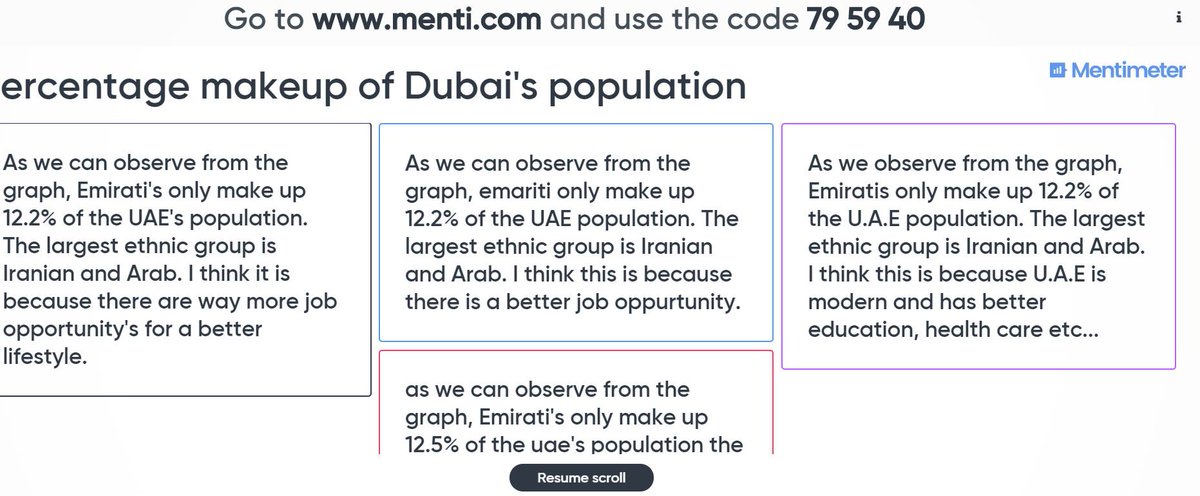 wsodigital's tweet photo. Today in #socialstudies we used @Mentimeter  to discuss why  people move to #dubai  the students really got involved with the discussions 🇦🇪 https://t.co/OiBJnv0srR