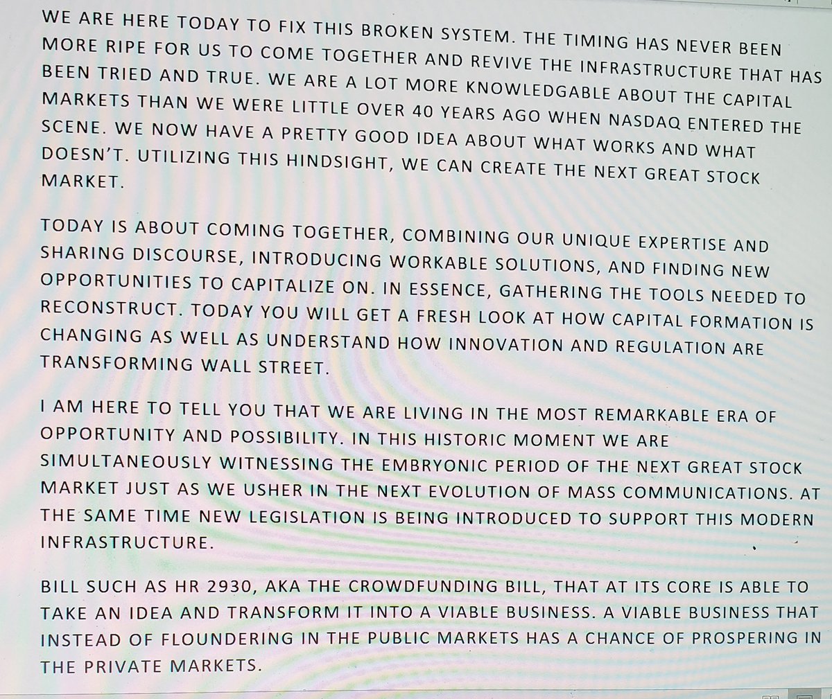 tothestoics's tweet photo. 7 years ago today I hosted the nation's very 1st #crowdfunding conference headlined by @PatrickMcHenry, David Weild & @loukerner. Here's an excerpt from the opening speech. Amazing how #nothingschanged #everythingschanged https://t.co/zjpmNjFGVx