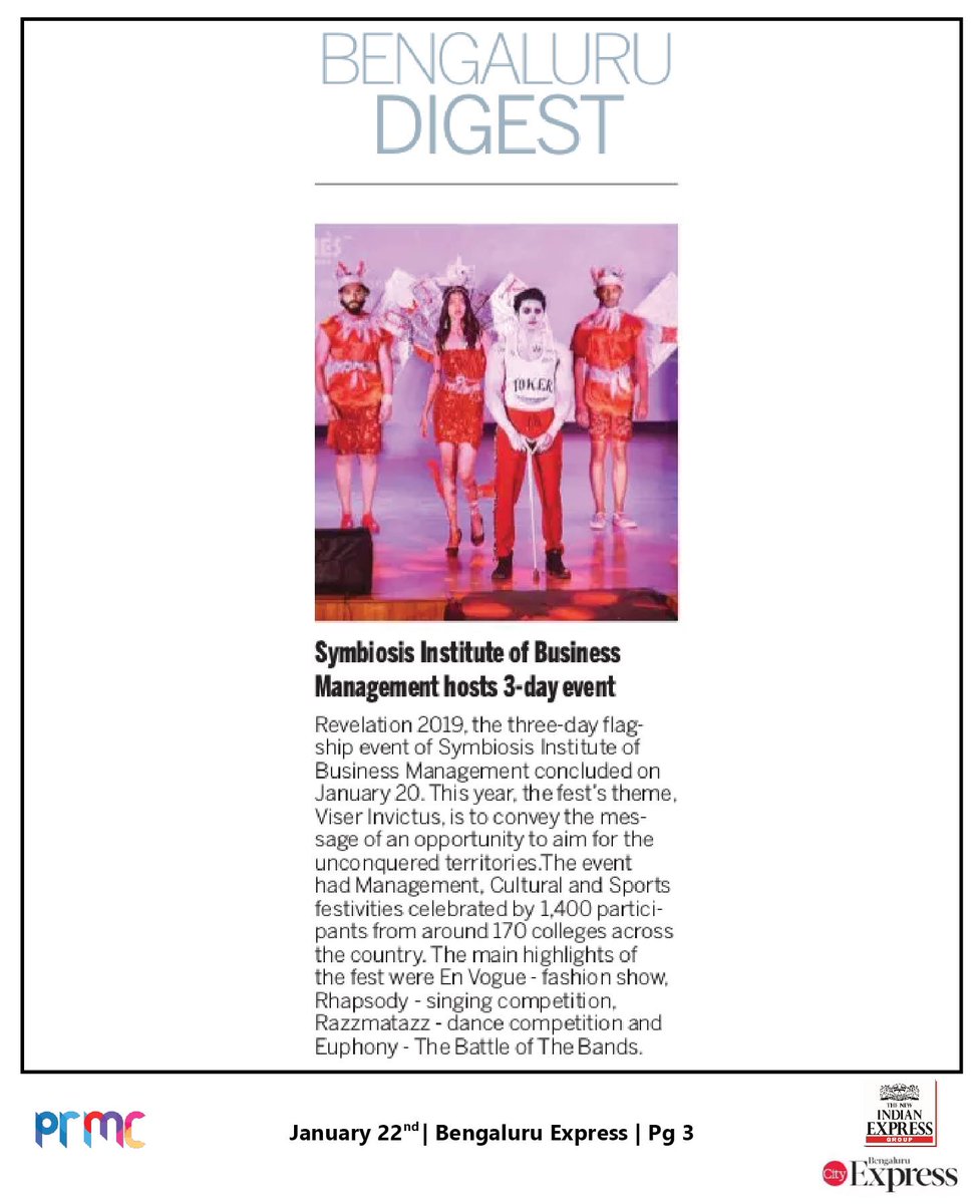 SIBMBengaluru's tweet photo. Revelation 2019, the 3-day flagship event of SIBM Bengaluru successfully concluded on January 20th.
We thank @NewIndianXpress for joining the revelry.
#PR_Updates #LifeAtSIBMB https://t.co/ayrkWAZ81g