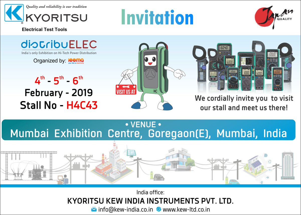 KyoritsuIndi1's tweet image. ✨ Kyoritsu KEW India Instruments Pvt. Ltd. participate in DISTRIBUELEC 2019, Mumbai ✨

4th - 6th Feb 2019

We look forward to welcoming you!

#DISTRIBUELEC #Expo #exhibition #mumbai #goregaon #testingtools #electricalengineering  #electronicengineering #industrialengineering