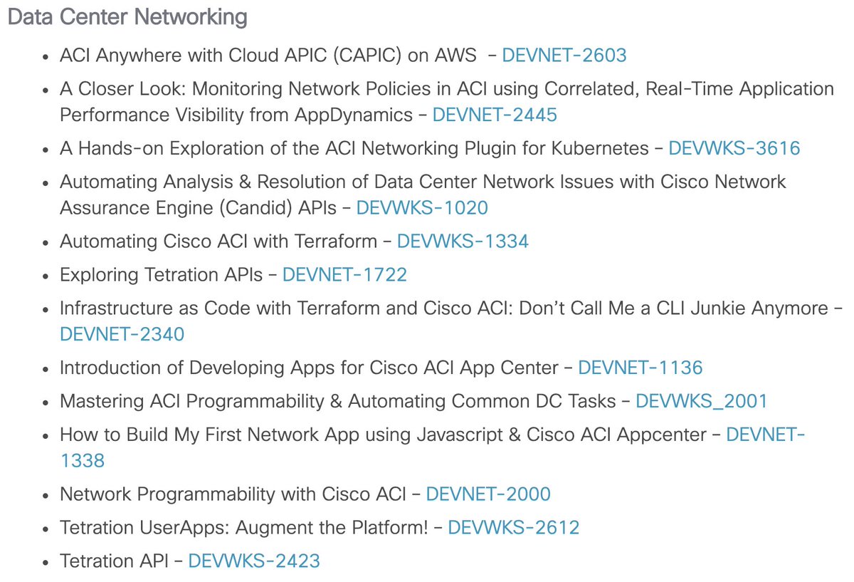 twtko's tweet photo. Cisco Live! Barcelona #CLEUS でのDC Switching関連のDevNetセッション一覧です。 #CiscoACI #CiscoNAE #CiscoTetration などはいずれもAPIを持ち、Web UIはあくまでもAPIを使った標準実装のいち付となるため、どの製品も全てAPIを通じた制御と連携が可能となります。
https://t.co/wmD3PBzddg https://t.co/PP1A3XqPCj
