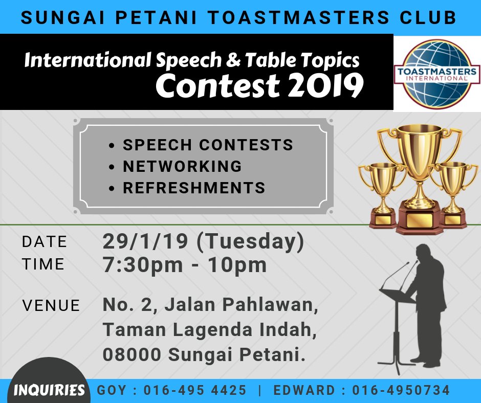 Who will emerge as INTERNATIONAL SPEECH and TABLE TOPICS champion for Sungai Petani Toastmasters Club in 2019? 🎤🏆