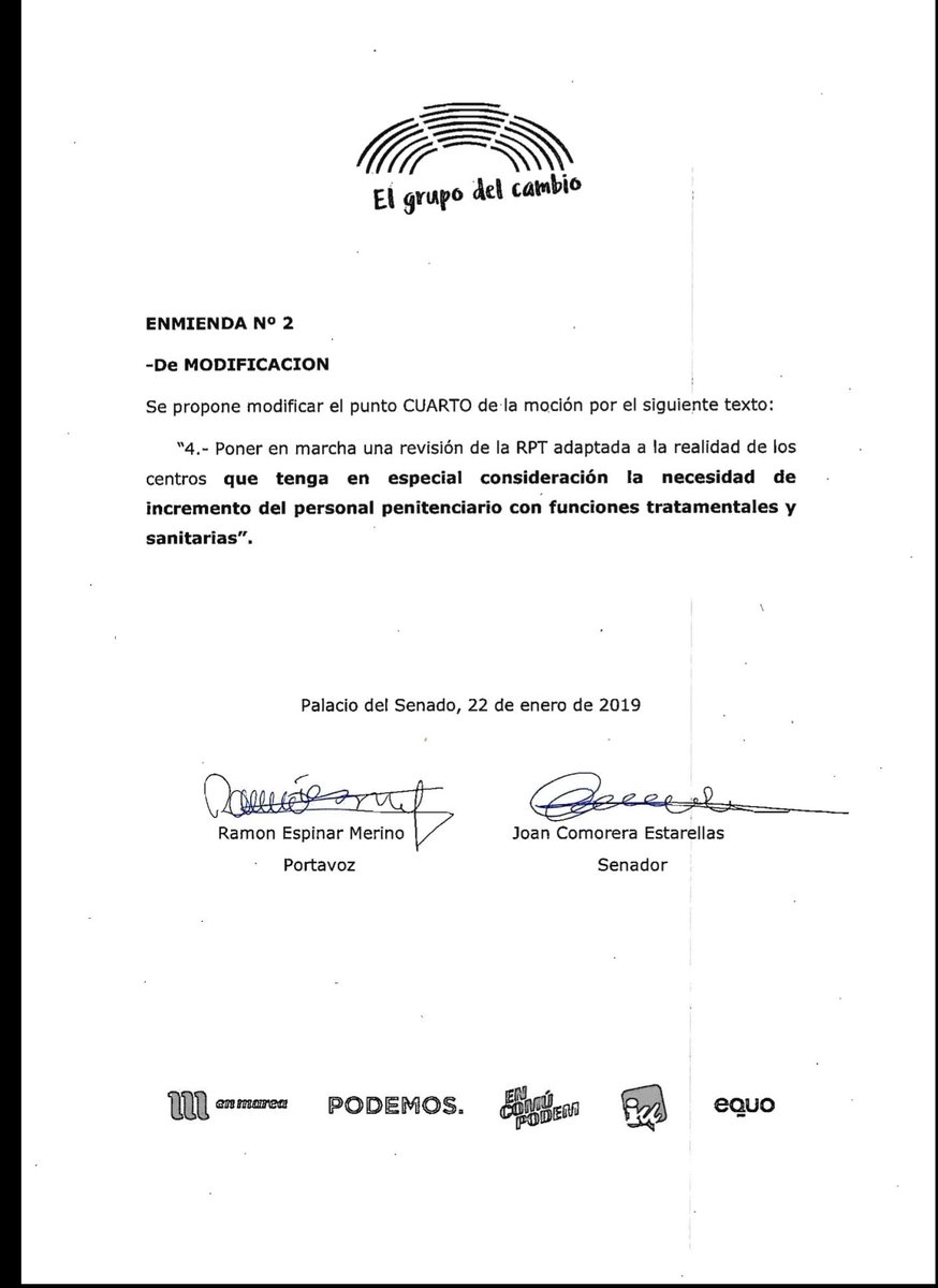 Enmienda de <a href="/UnidosPodemoSND/">UnidosPodemos Senado</a> <a href="/RamonEspinar/">Ramón Espinar 🇵🇸</a>  a la moción presentada por <a href="/PPSenado/">Grupo Parlamentario Popular en el Senado</a> por la que se insta al <a href="/desdelamoncloa/">La Moncloa</a> a reconocer como agentes de la autoridad a l@s funcionari@s de prisiones y a mejorar su situación salarial y laboral.

#MitrabajoTuseguridad 
#sosprisiones