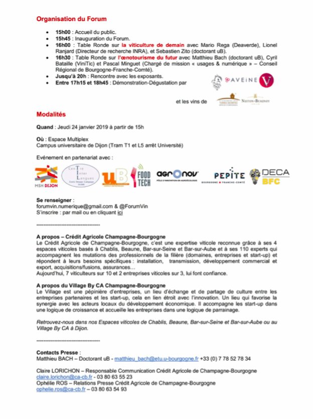 Communiqué de presse du <a href="/ForumVin/">Forum Vin & Numérique</a>, retrouvez toutes les nouvelles concernant notre #event ci-dessous !
#VINNUM19 #startup #vin #numerique #wine #dijon #gastronomie #burgundy
