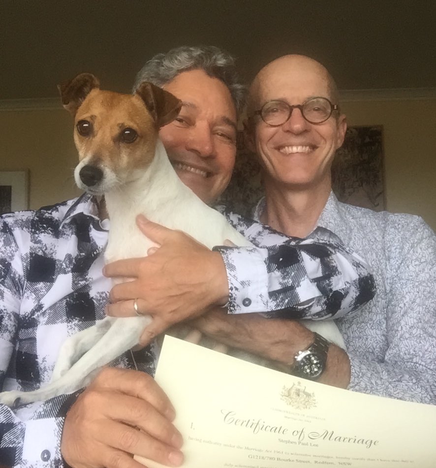 So this amazing thing happened today. Quietly. Elegantly. Awesomely. After 30 years together, we are now officially husband and husband (and terrier!) #MarriageEquality