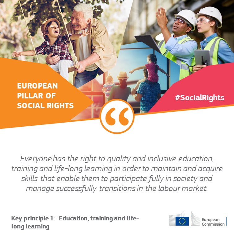 EU_Social's tweet photo. It's the #InternationalDayOfEducation! 📚👩🎓
Everyone has the right to quality & inclusive education, training & life-long learning to maintain & acquire skills that enable them to participate fully in society.
This is the 1st principle of the European Pillar of #SocialRights ↓ https://t.co/TesAfYYilX