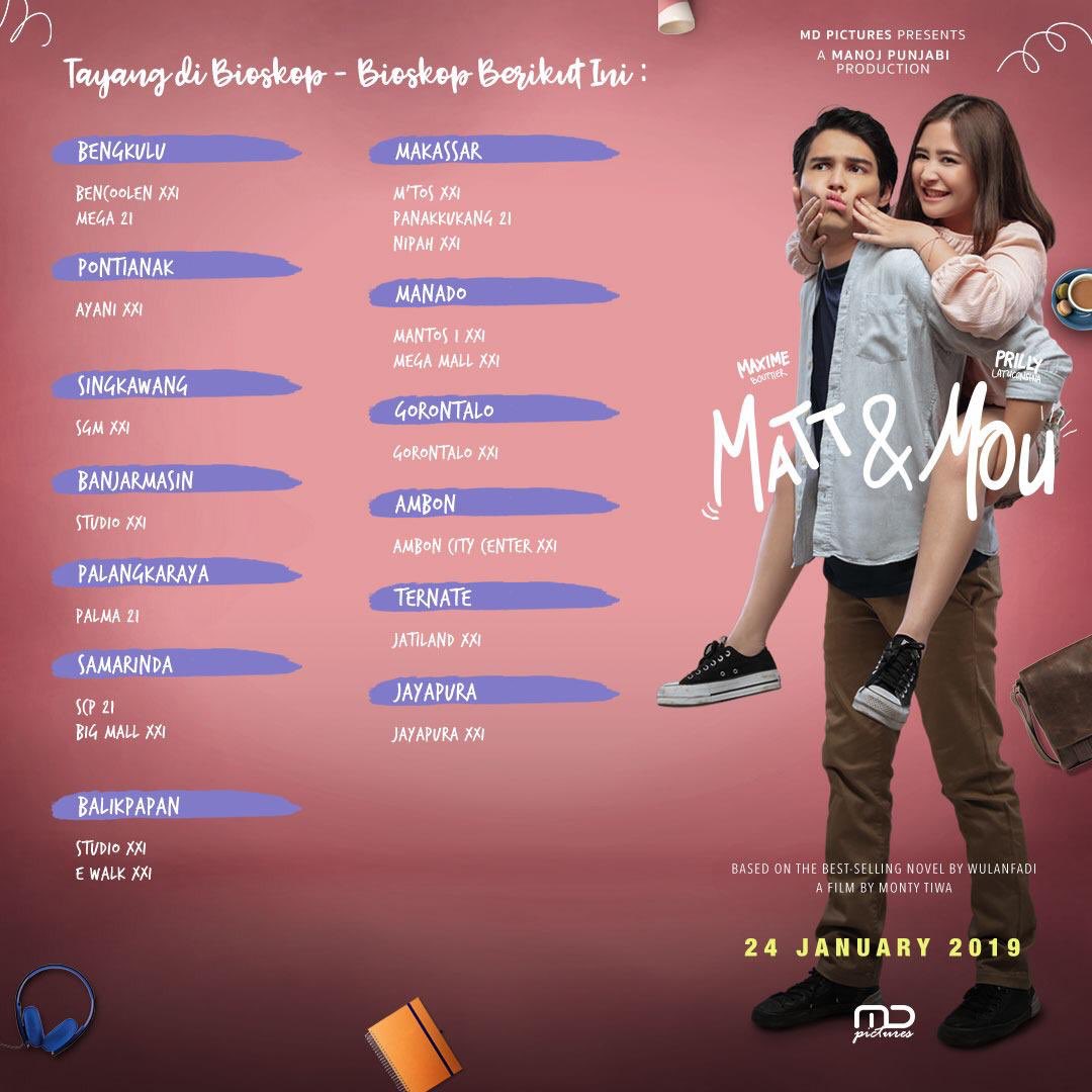 MattNMou's tweet photo. Kamu bisa nonton #MattNMou di sederet bioskop @cinema21 ini! 🤗💙💖

#PrillyLatuconsina #MaximeBouttier @PrillyBie @MD_Pictures @ManojPunjabiMD @montytiwa @wulanfadila_ https://t.co/SLkpzuRR6R