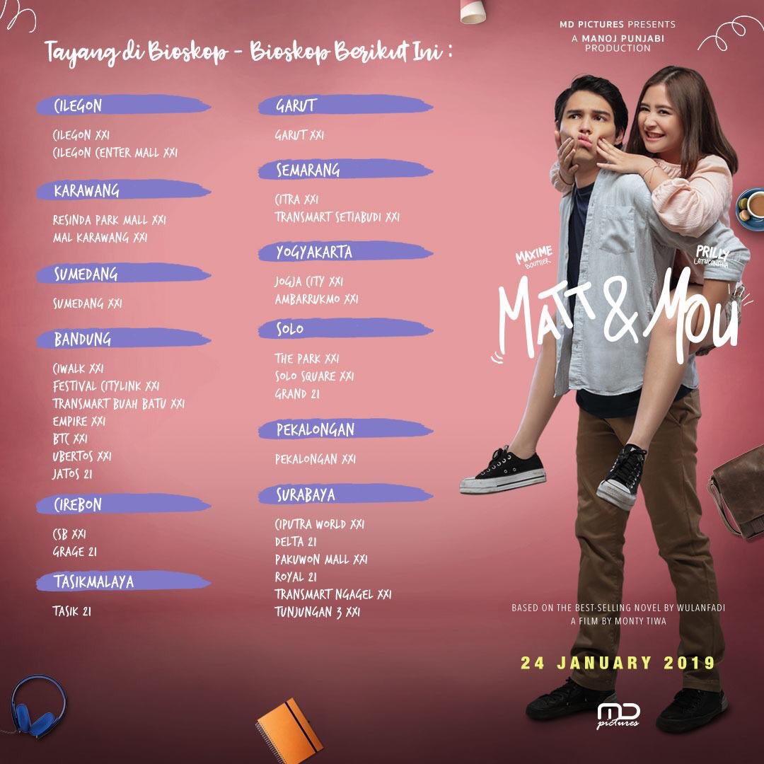 MattNMou's tweet photo. Kamu bisa nonton #MattNMou di sederet bioskop @cinema21 ini! 🤗💙💖

#PrillyLatuconsina #MaximeBouttier @PrillyBie @MD_Pictures @ManojPunjabiMD @montytiwa @wulanfadila_ https://t.co/SLkpzuRR6R