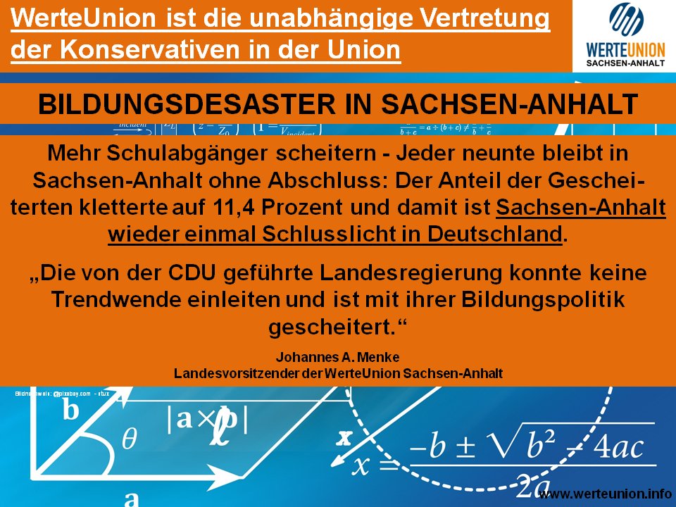 +++ BILDUNGSDESASTER IN SACHSEN-ANHALT +++

Nicht nur unter dem aktuellen Fachkräftemangel der deutschen Wirtschaft ist diese Tatsache nicht hinnehmbar, sondern auch unter dem drohenden demografischen Wandel. 

#Bildung #roteLaterne #WerteUnion #WerteUnionST #CDU #SachsenAnhalt