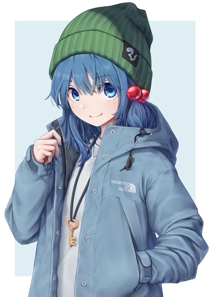 kawashiro nitori 1girl solo green headwear blue hair hat blue eyes hand in pocket  illustration images