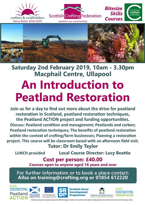NatureScot's tweet photo. Booking open! If you're a #crofter or #smallholder join @SCFHq on Sat 2 Feb for 'An Introduction to Peatland Restoration'. Find out about #PeatlandACTION, restoration techniques, funding opportunities and much more. £40 per ticket - book/pay direct via training@crofting.org 😃 https://t.co/n3xjM8wC5g