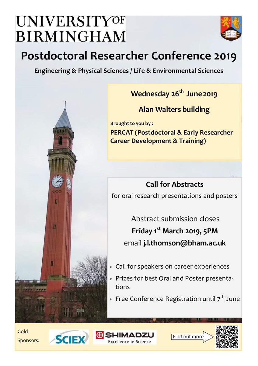 We're pleased to announce that the Call for Abstracts for our 2019 Postdoctoral Researcher Conference is now open.  All the details are here: tinyurl.com/ydgttgl5  Its still a while until June but we're excited already! #ThursdayMotivation <a href="/eps_unibham/">College of Engineering & Physical Sciences</a> <a href="/LES_UniBham/">College of Life and Environmental Sciences</a>