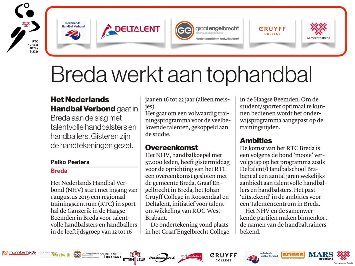 Deltalent/Handbalschool Brabant is bijzonder trots om per 1 augustus in samenwerking met het Nederlands Handbal Verbond het RTC &amp; RTC+ Breda te gaan runnen. Ook het Johan Cruyff College Roosendaal &amp; Graaf Engelbrecht zitten in het samenwerkingsverband. <a href="/breda/">Gemeente Breda</a>