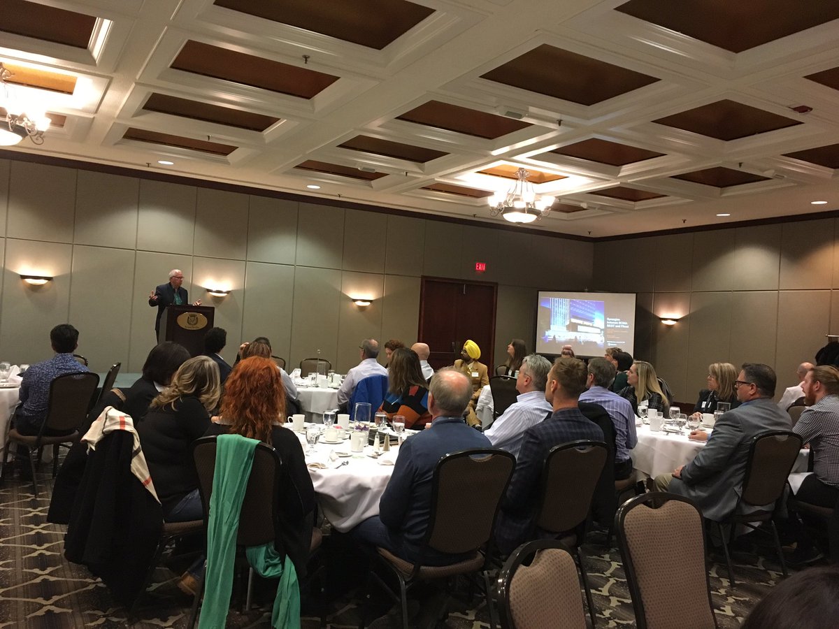 Full house this morning at the <a href="/bomaedmonton/">BOMA Edmonton</a> breakfast. <a href="/Stantec/">Stantec</a>’s Kaitlyn Gillis &amp; Nirwair Bajwa talk about the synergies between BOMA Best and @Fitwel.