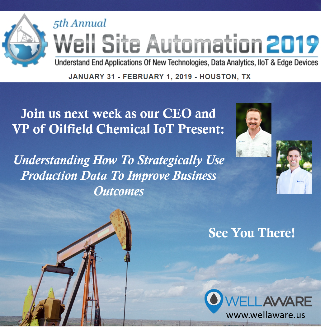 wellaware_us's tweet image. Join us next week at the 2019 Well Site Automation Conference in Houston by @UnconventOilGas!  We are looking forward to an excellent #oilandgas #event and an opportunity to share exactly how WellAware can make an impact to your bottom line.

#betterdatabetterresults