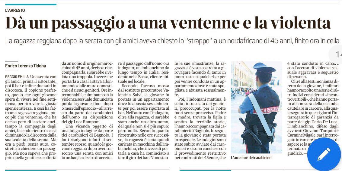 Ennesimo brutale episodio di #violenzacontroledonne avvenuto a Reggio Emilia. Arrestato il presunto stupratore che ha violentato una ventenne. Un plauso alle Forze dell'Ordine. Esemplare sia la condanna. Sentita vicinanza delle Istituzioni alla ragazza  #iostoconledonne