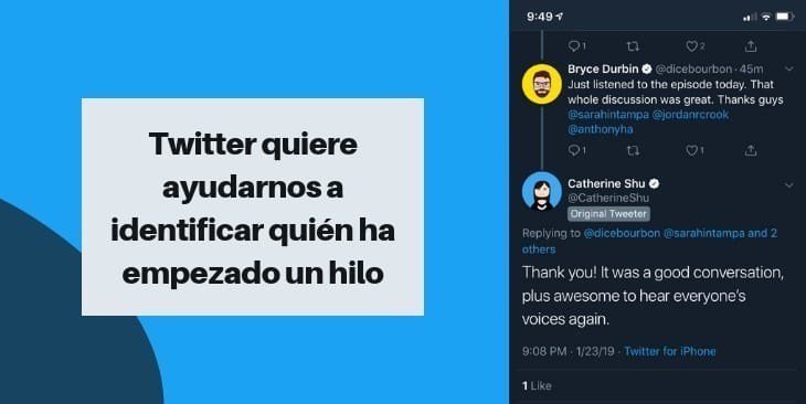 iOSMovil1's tweet photo. Twitter prueba función para ayudarnos a identificar quién ha empezado un hilo https://t.co/95uDlj3Pl3 https://t.co/v68ZU2WYrR