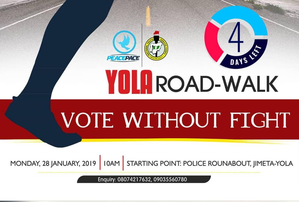 OGUNYALEOLATUN2's tweet photo. A big little deal#Road-walk#2019 elections#Peace is possible#4Daystogo#NYSC#Yola,Adamawa @inecnigeria  @PeacepaceNG https://t.co/pklbGGSIzY