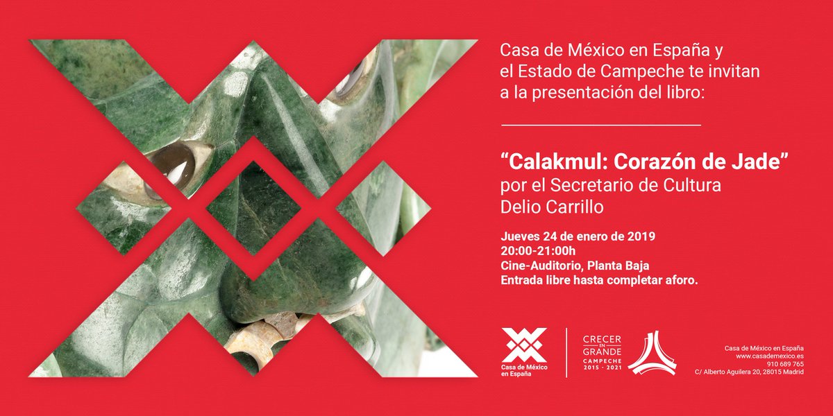 casademexicoesp's tweet photo. Esta tarde en #CasadeMéxico seguiremos profundizando en la historia de la máscara de Calakmul. El secretario de Cultura de Campeche @Deliocarrillo nos presenta a las 20:00h el libro "Calakmul: Corazón de Jade". Aforo limitado. No te lo pierdas 👉🏽https://t.co/8gM1kqwKJY https://t.co/2LSEyqEAgl