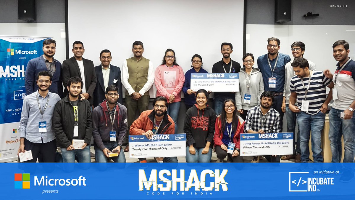 IncubateIND's tweet photo. Announcing the #Winners of @Microsoft presents #MSHack - #CodeForIndia, #Bengaluru - an initiative of @IncubateIND and Powered by @Azure.
#Winner - Team "2b || !2b"
1st #RunnerUp - Team #HackGeeks
2nd #RunnerUp - Team #CodeBots &amp; #BlueSail
#Bangalore #MSHACKBengaluru https://t.co/mNHOhKPhHu