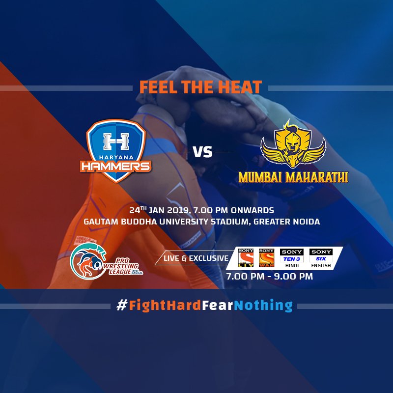 #MatchNight- Feel the Heat of today's match as Haryana Hammers face Mumbai Marathi at Gautam Buddha University Stadium, Greater Noida.
Game is On!
#HaryanaHammers #PWL4 #Wrestling #FighHardFearNothing #FeelTheHeat #competition #sports
