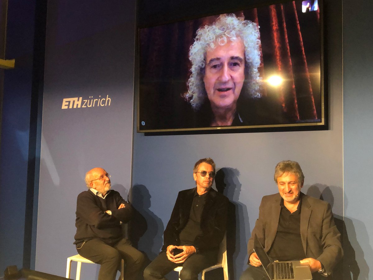 Fantastic evening: science meets music in the #ETHPavilion in Davos @StarmusFestival @WEF19 Thank you Michel Mayor, Jean-Michel Jarre, Garik Israelian and Brian May (screen) for visiting us #ETHatWEF #oxygene @eth @eth_en