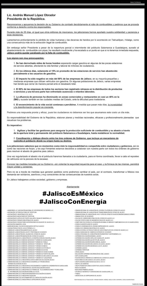 CamaradeCom_GDL's tweet image. La sociedad civil, empresarios y la fuerza laboral de Jalisco apoyamos decididamente el combate al robo de combustibles, pero las medidas tomadas en nuestro Estado, están generando estragos en la productividad y vida díaria de sus habitantes. #JaliscoEsMéxico #JaliscoConEnergia