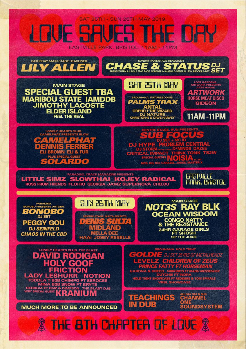 LSTDBristol's tweet image. Presenting, this years line-up. 💘 @lilyallen &amp;amp; @chaseandstatus headline our 2019 edition...