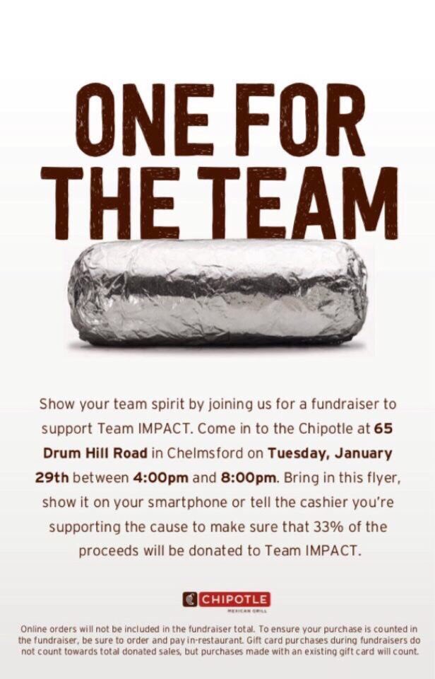 RiverhawkSB's tweet image. Help us support #TeamIMPACT this Tuesday, January 29th. Make sure to bring a friend because 33% of the proceeds will be donated! #ChipotleIsMyLife