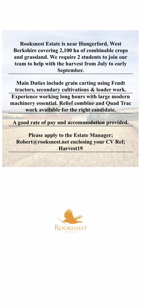 Harvest staff wanted for the coming summer. Please share. #yourharvest #harvest19 #harvestwork #berkshire #rooksnestestates  🚜 ☀️ 🌾 💪🏽