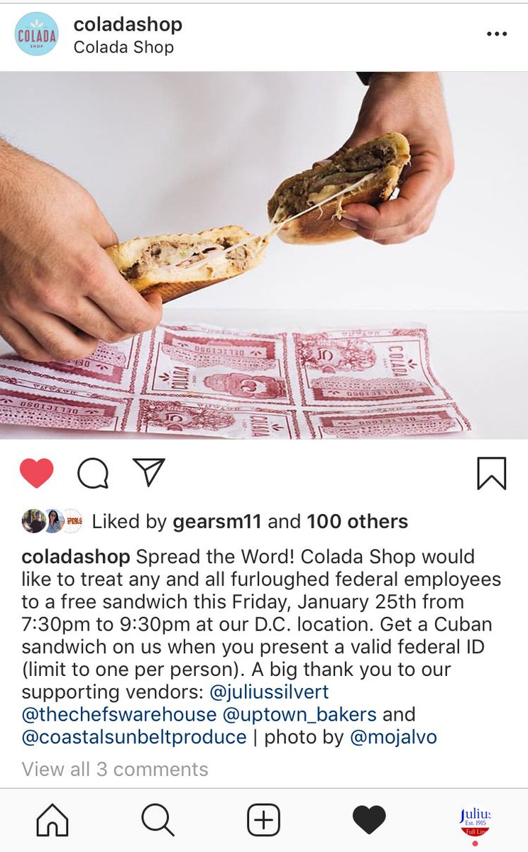 Julius Silvert (@juliussilvert) on Twitter photo Check this out!! <a href="/Coladashop/">Colada Shop</a> is treating all furloughed federal employees to a free sandwich this Friday, January 25th from 7:30pm to 9:30pm at their D.C. Location.
•
•
•
#ShutdownStories #FurloughedFeds #furlough #furloughed Check this out!! <a href="/Coladashop/">Colada Shop</a> is treating all furloughed federal employees to a free sandwich this Friday, January 25th from 7:30pm to 9:30pm at their D.C. Location.
•
•
•
#ShutdownStories #FurloughedFeds #furlough #furloughed
