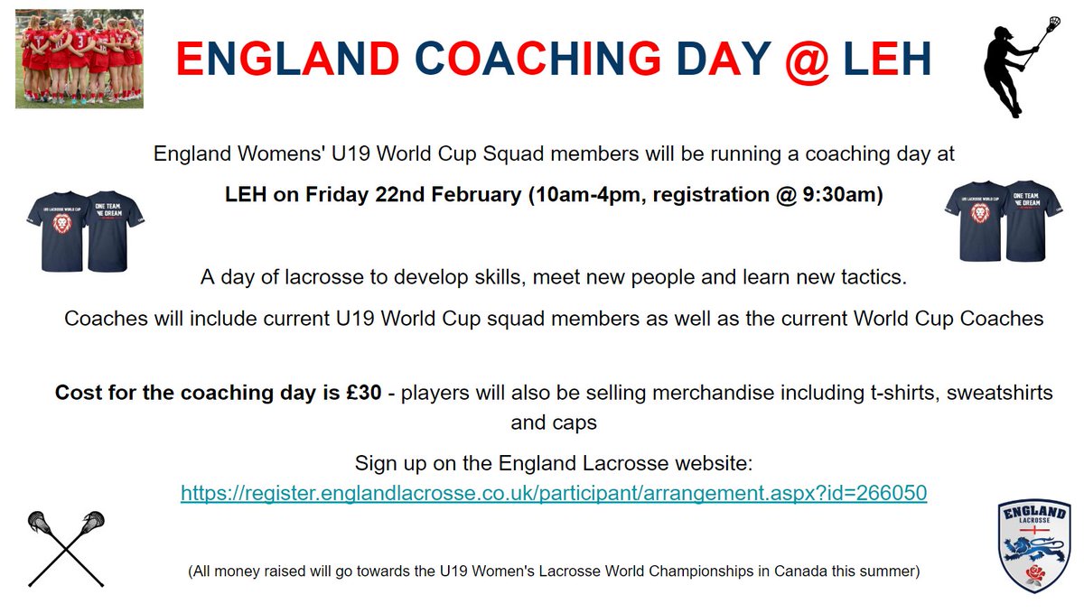 Are you free on 22nd February? 🤔 Do you want to be coached by some of the best laxers in the business? 🥍🌎  Come along to our the <a href="/U19England/">U19 England Lacrosse</a> coaching day, here at <a href="/LEHSchool/">LEH School</a> - sign up on the following link✏️: register.englandlacrosse.co.uk/participant/ar… #LEHSchool #Lacrosse #GrowTheGame