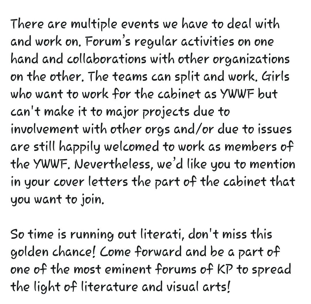 YwwfPeshawar's tweet photo. Dear Twitter Folks,
We are delighted to share that YWWF PESHAWAR Chapter is all set for the annual revival of its Cabinet. Join us in spreading the word and be a part of the prestigious forum. Further details are provided in the photos attached. https://t.co/fifUp9WjFb