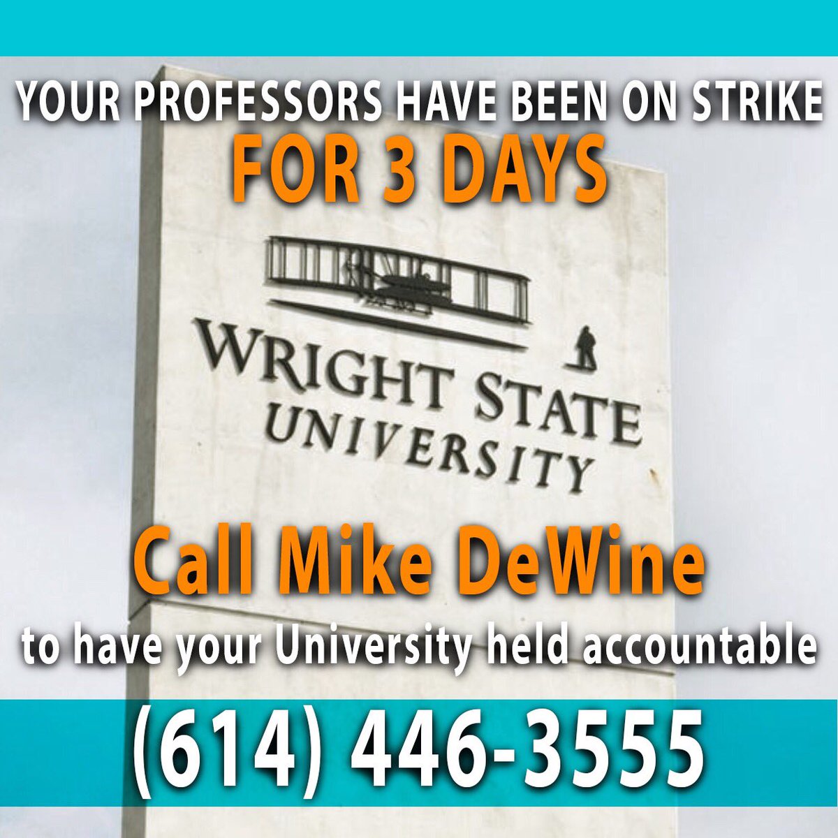 sff_wrightfight's tweet photo. Fed up with lack of negotiations happening? Put some pressure on WSU by calling @MikeDeWine.
(614) 446 - 3555
#WTFWSU #WrightFight https://t.co/ap1jXfDn4U