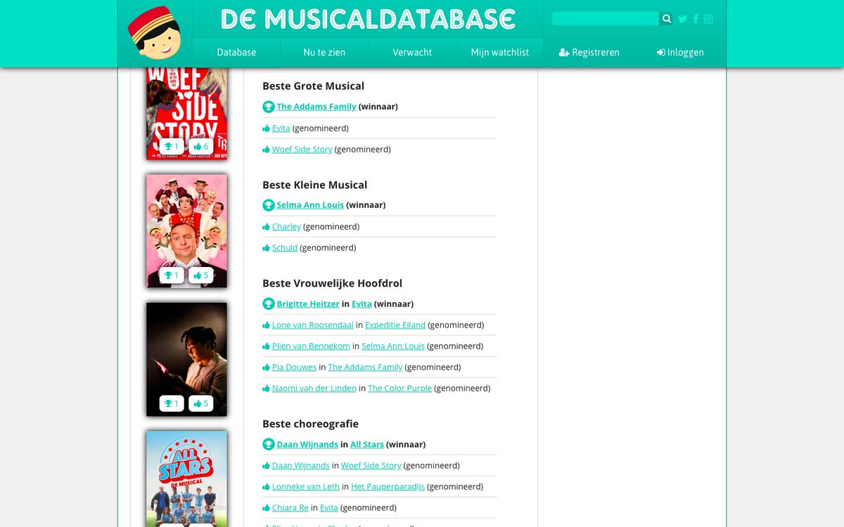 Musicaldatabase's tweet image. Op zoek naar een mooi overzicht van alle winnaars en genomineerden van de Musical Awards 2019? Bekijk 't nu in De Musicaldatabase, inclusief aantal awards per productie 👉 musicaldatabase.nl/awards/2019 #MusicalAwards #MusicalAwards2019 #MAG #MAG2019