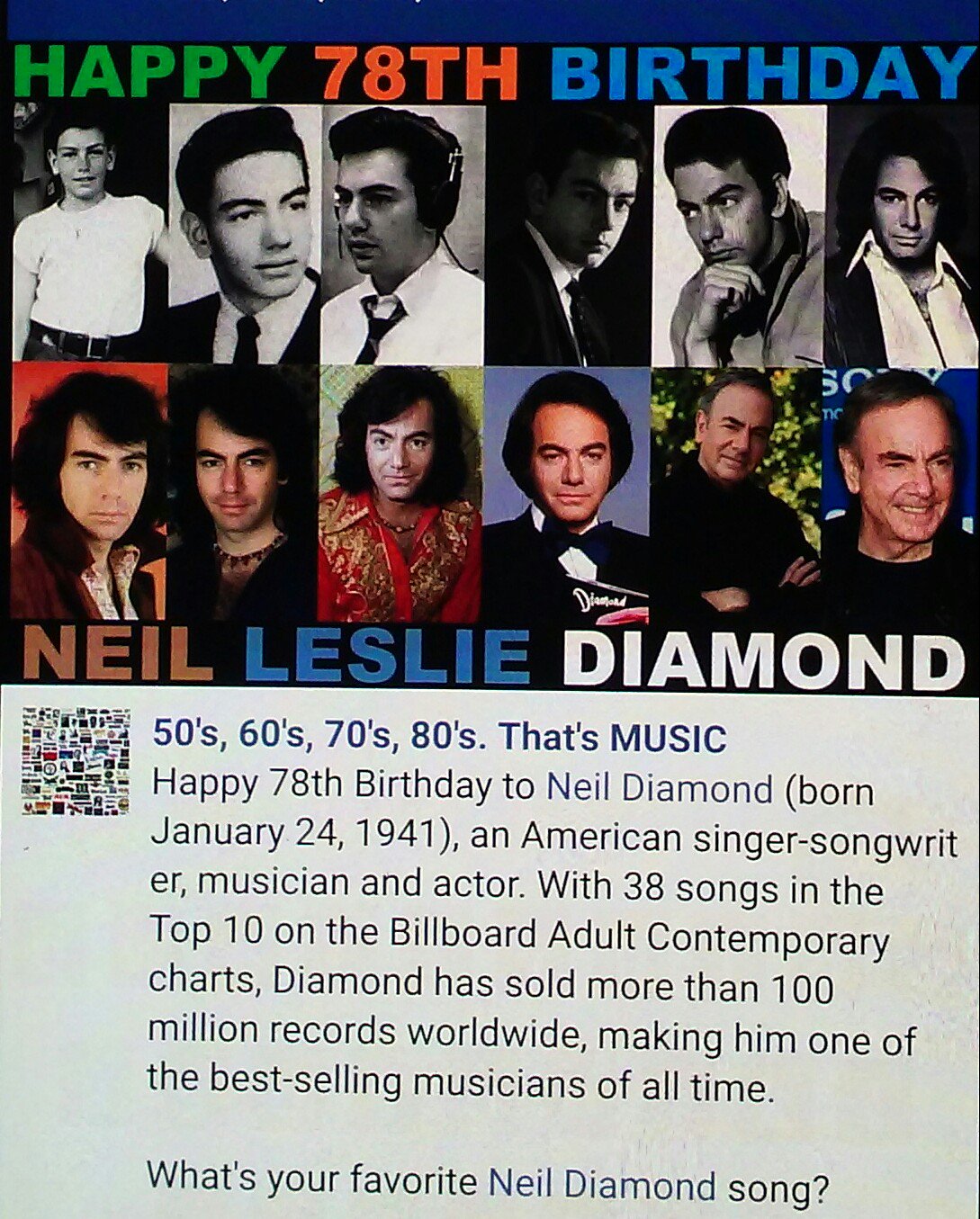 My favorite Neil Diamond song is \"SWEET CAROLINE\" ! What\s ours? HAPPY BIRTHDAY NEIL DIAMOND!!!         