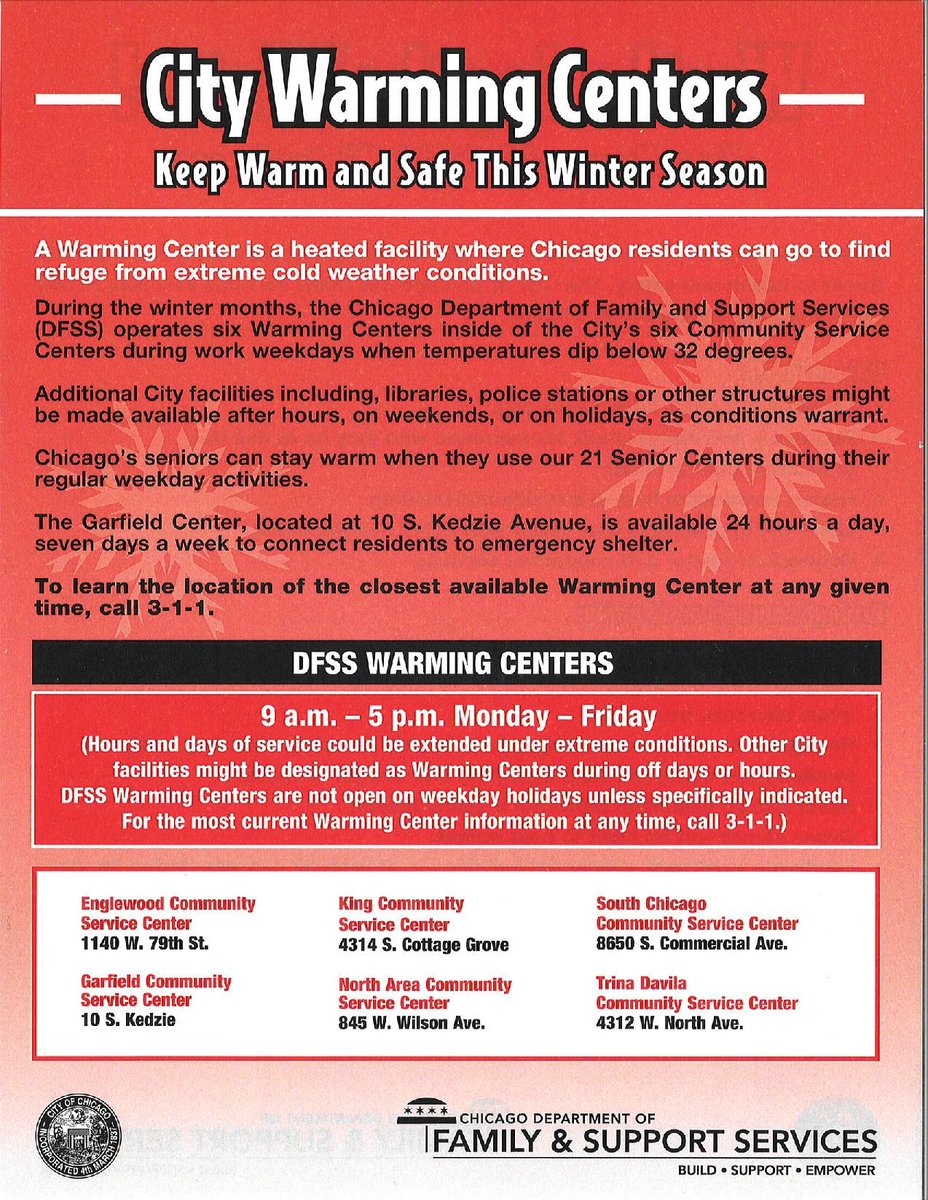 CHI311's tweet photo. Checking in on older loved ones, neighbors, and friends is especially important during this dangerously cold weather. To locate a warming center, or to request a well-being check, please call 311 (312-744-5000 if calling outside of city limits). https://t.co/lfUfUVYWjb